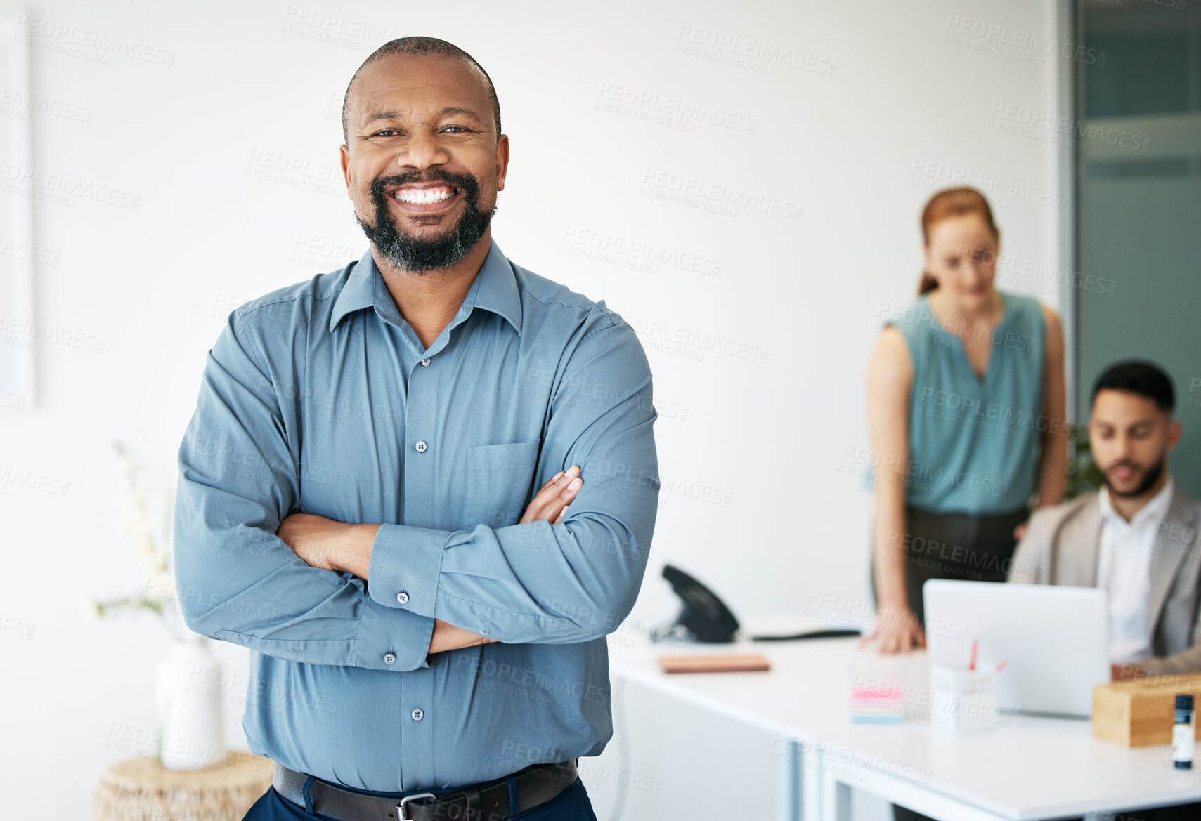 Buy stock photo Office, happy man and portrait with arms crossed for leadership, pride and business accountant. Smile, mature manager or financial advisor with confidence for investment growth, corporate or about us