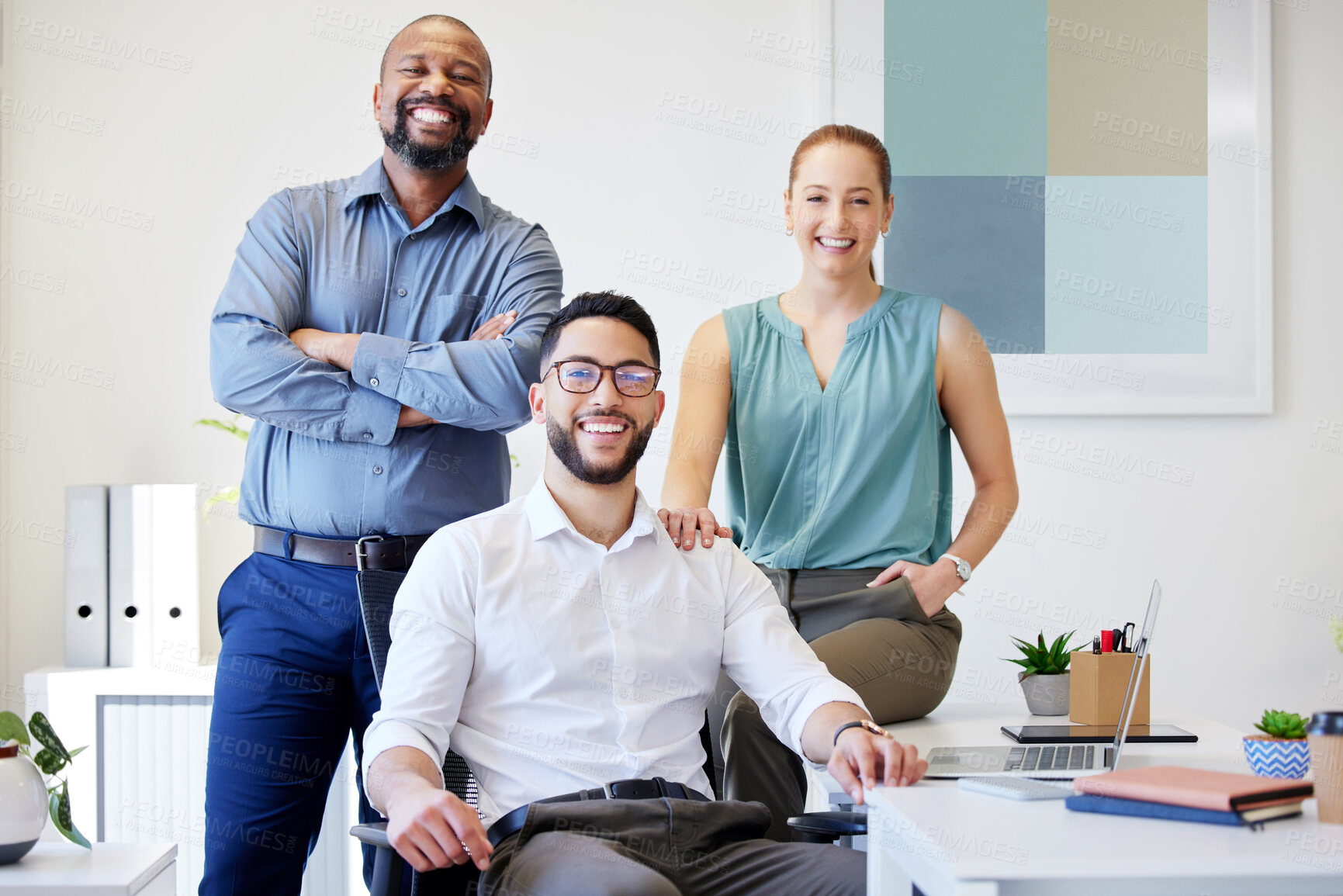 Buy stock photo Happy, office and portrait of business people at startup for company pride, opportunity or career. Professional, creative agency and men and woman with smile for diversity, teamwork or collaboration