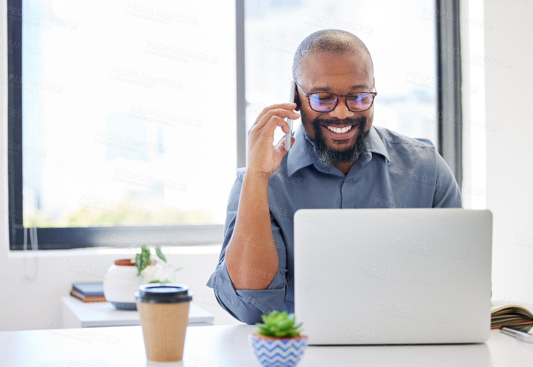 Buy stock photo Phone call, talking and business black man on laptop for contact, communication or discussion. Professional, corporate office and person on smartphone for planning, online chat and schedule meeting