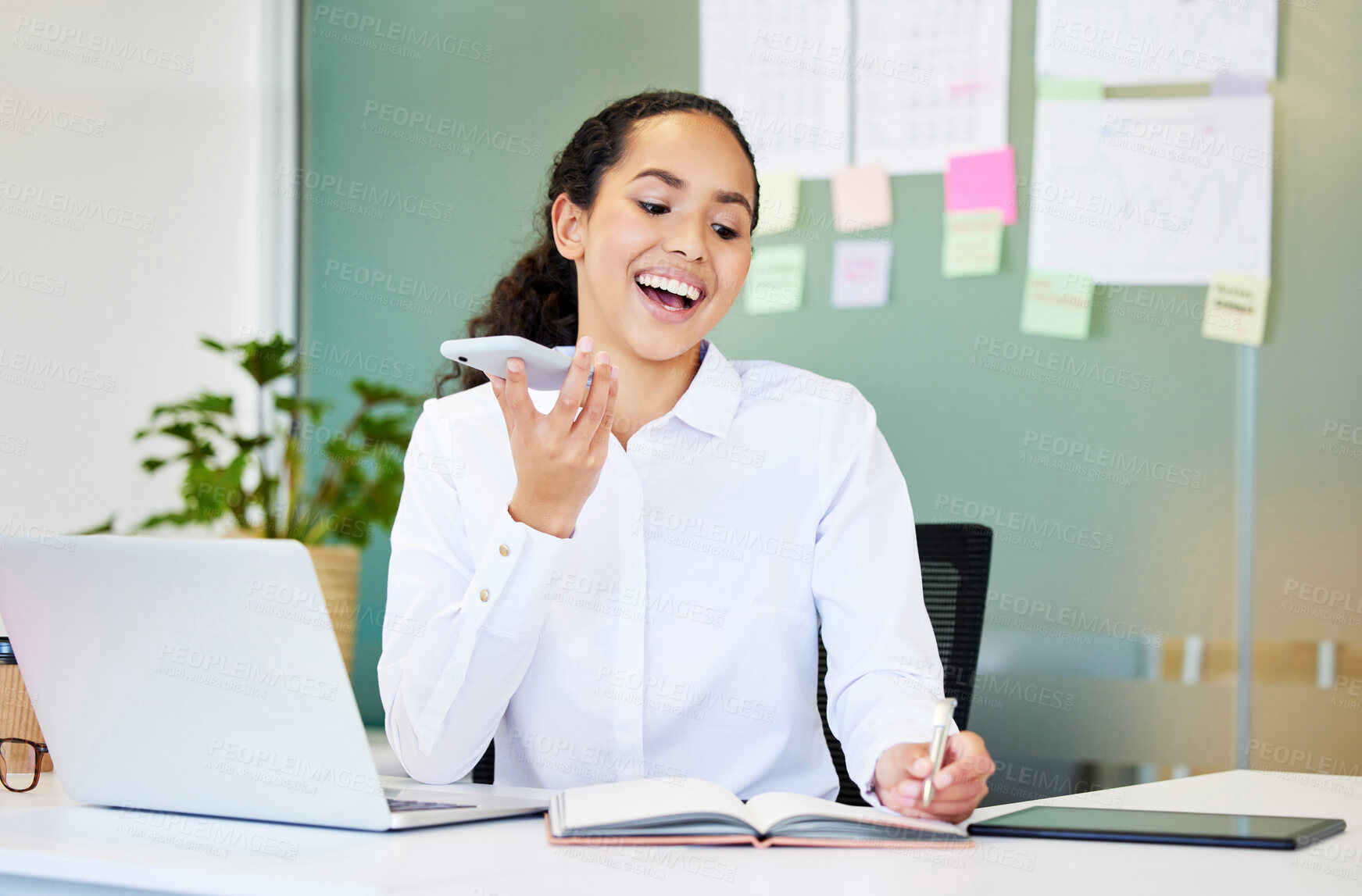 Buy stock photo Phone call, writing and business woman in office for administration, communication and discussion. Speaker, corporate and person on smartphone for planning, notes and talking to schedule meeting