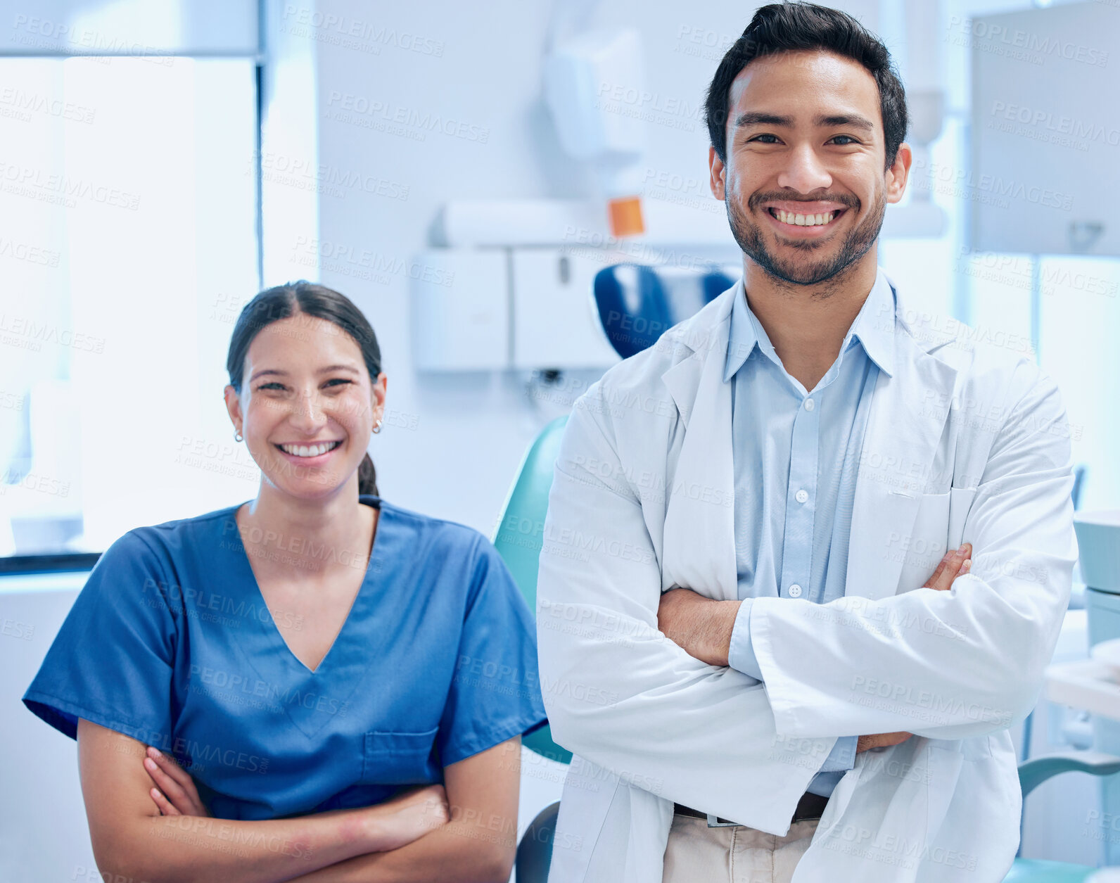 Buy stock photo Portrait, dentist team and confident in office for orthodontics,  collaboration and support. Employees, arms crossed and together for dental care or oral hygiene, healthcare and whitening service