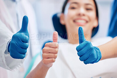Buy stock photo Dentist, thumbs up and happy patient in consultation for teeth whitening, service and dental care. Healthcare, dentistry and hand sign of orthodontist and woman for oral hygiene, wellness or cleaning