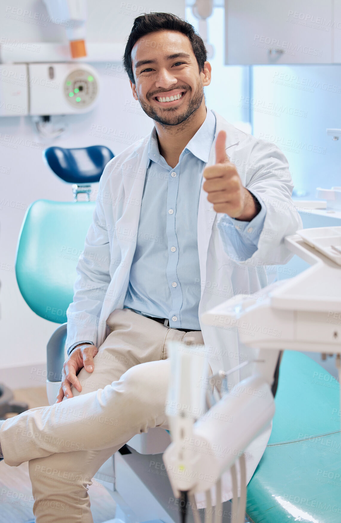 Buy stock photo Dentist, thumbs up and portrait of man in office for teeth whitening, service and dental care. Healthcare, dentistry and orthodontist with thank you hand sign for oral hygiene, wellness or cleaning