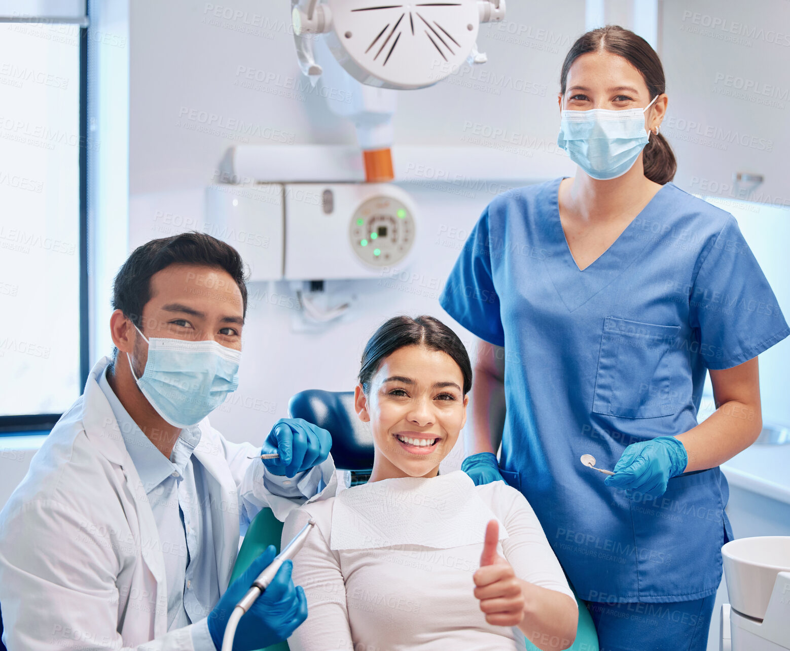 Buy stock photo Portrait of dentist, thumbs up and patient in consultation for teeth whitening, service and dental care. Orthodontist, dentistry and woman with thank you sign for oral hygiene, healthcare or cleaning