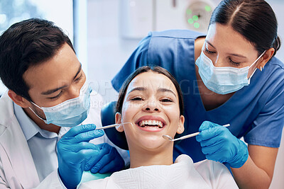 Buy stock photo Healthcare, dentist and portrait of woman for teeth whitening, service and dental care. Medical consulting, dentistry and orthodontist with tools for patient for oral hygiene, wellness and cleaning
