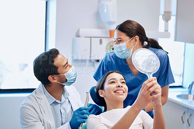 Buy stock photo Dentist, mirror and woman with smile for teeth whitening, braces and dental consultation. Healthcare, dentistry and happy female patient with orthodontist for oral hygiene, wellness and cleaning