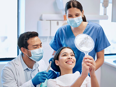 Buy stock photo Dentist, mirror and woman check teeth after whitening, braces and dental consultation. Healthcare, dentistry and happy female patient smile with orthodontist for oral hygiene, wellness and cleaning