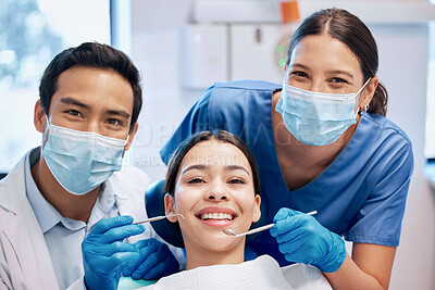 Buy stock photo Portrait of dentist and woman in consultation for teeth whitening, service and dental care. Healthcare, dentistry and orthodontist with equipment for patient for oral hygiene, wellness and cleaning
