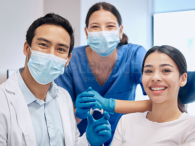 Buy stock photo Portrait of dentist and woman with retainer for teeth whitening, service and dental care. Healthcare, dentistry and orthodontist with dentures for patient for oral hygiene, wellness and consulting