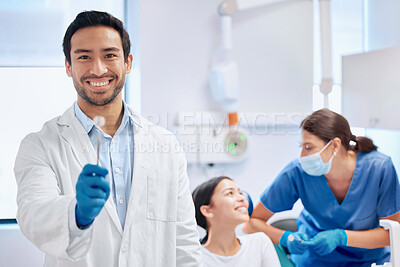 Buy stock photo Man, dentist and toothbrush for hygiene at clinic with patient consultation, dental cleaning and teeth whitening. Smile, doctor and women for oral healthcare, demonstration and expert advice 