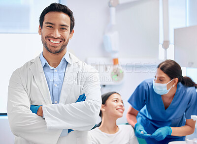 Buy stock photo Portrait, dentist and nurse for oral health, dental care and hygiene in office or consultation in clinic. Man, arms crossed and smile as medic or doctor in hospital for treatment of teeth or mouth