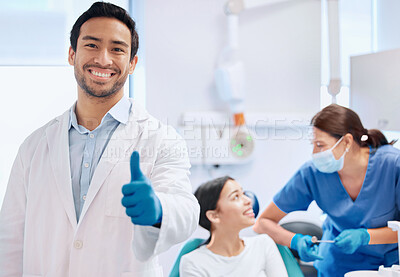 Buy stock photo Consulting, thumbs up and portrait of dentist with patient for teeth whitening, service and dental care. Healthcare, dentistry and hand sign of orthodontist for oral hygiene, wellness and cleaning