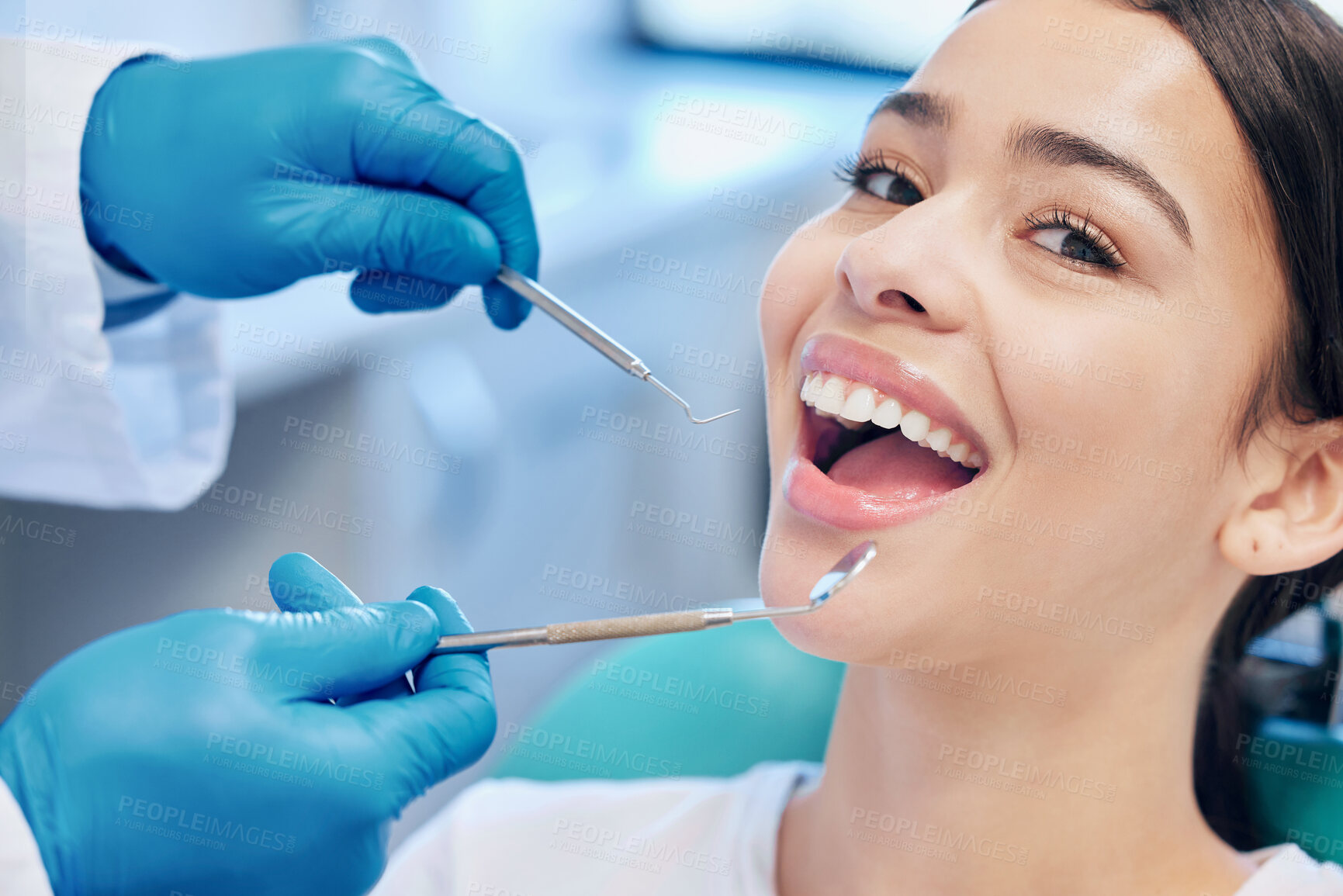 Buy stock photo Dental tools, dentist and portrait of woman for teeth whitening, service and consultation. Healthcare, dentistry and orthodontist with equipment for patient for oral hygiene, wellness and cleaning