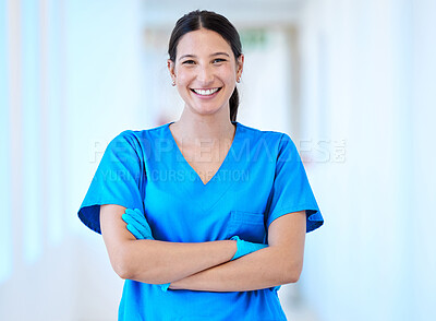 Buy stock photo Woman, nurse and portrait with arms crossed and smile in a hospital and clinic. Employee, healthcare and wellness professional with happiness and confidence from doctor and medical work and care
