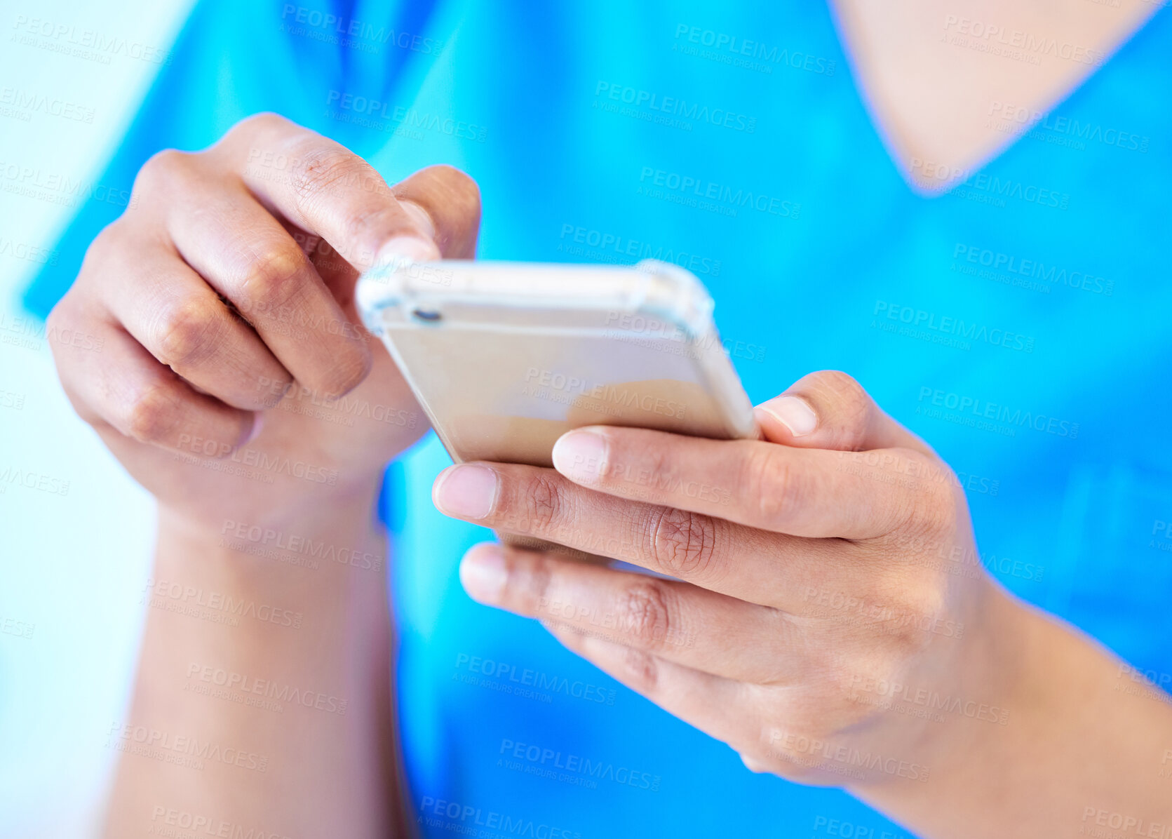 Buy stock photo Woman, nurse and phone in hands for consultation, planning and hospital website for research. Female person, clinic schedule and telehealth or medicare, surgeon and communication on app or results