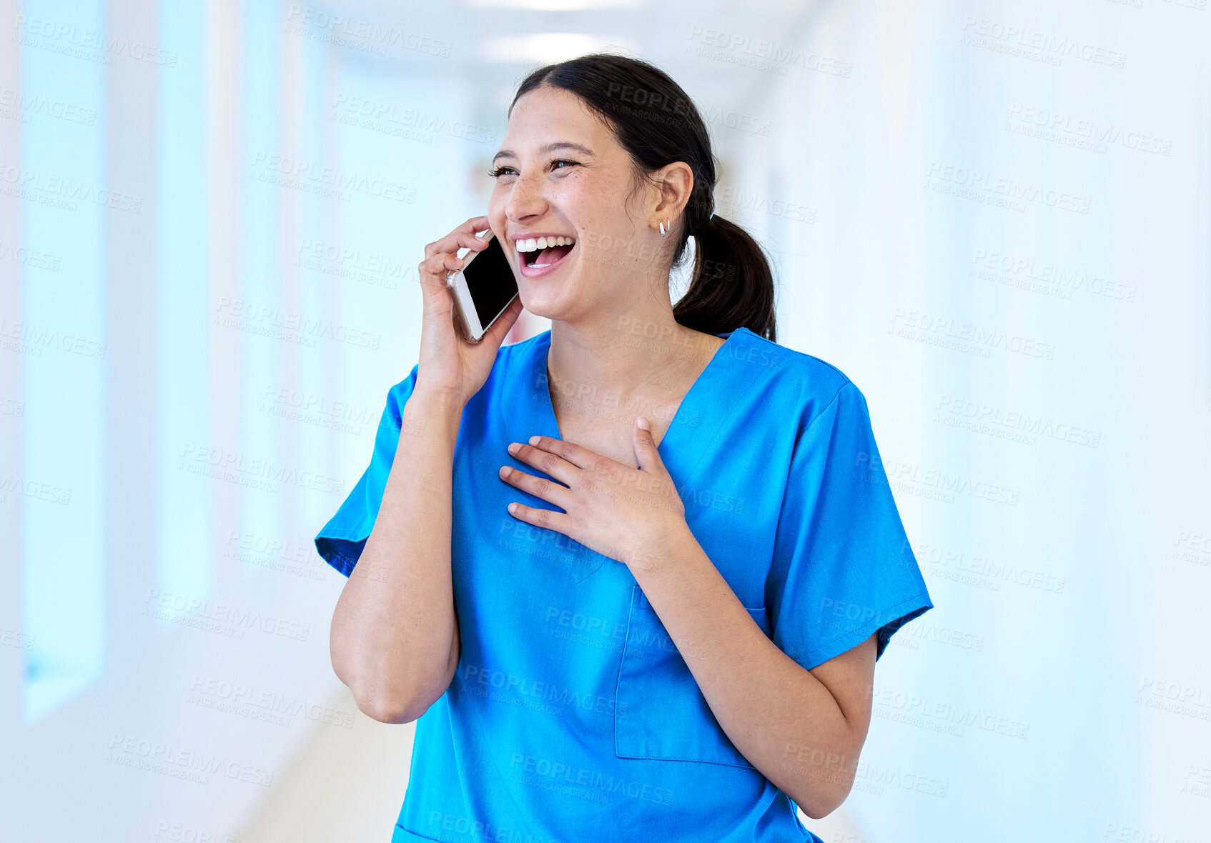 Buy stock photo Woman, nurse and phone call for networking in clinic, medical service and consultation or talking. Female person, surgeon and online diagnosis or physician for advice, speaking and laugh in hospital