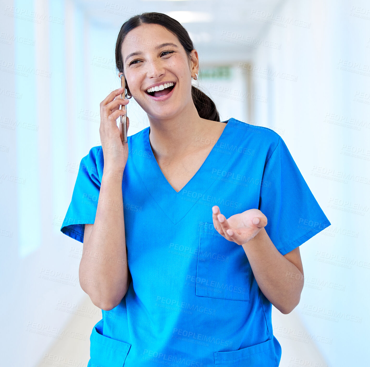 Buy stock photo Woman, nurse and phone call for healthcare in clinic, medical service and consultation or talking. Female person, surgeon and online diagnosis or physician for advice, speaking and laugh in hospital