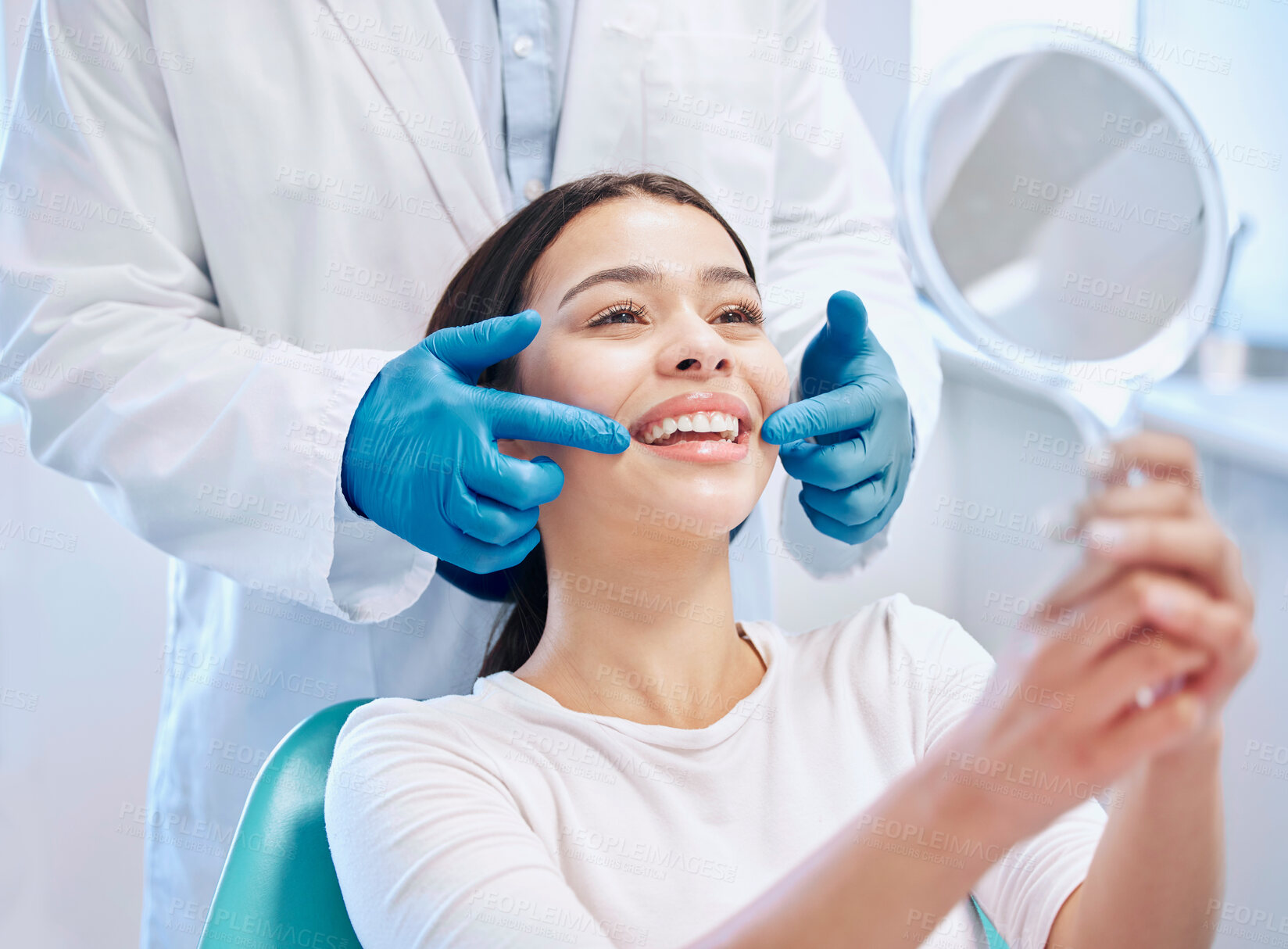 Buy stock photo Dental consultation, mirror and woman with smile after teeth whitening, service or mouth care. Healthcare, dentistry and happy female patient with orthodontist for oral hygiene, wellness and cleaning