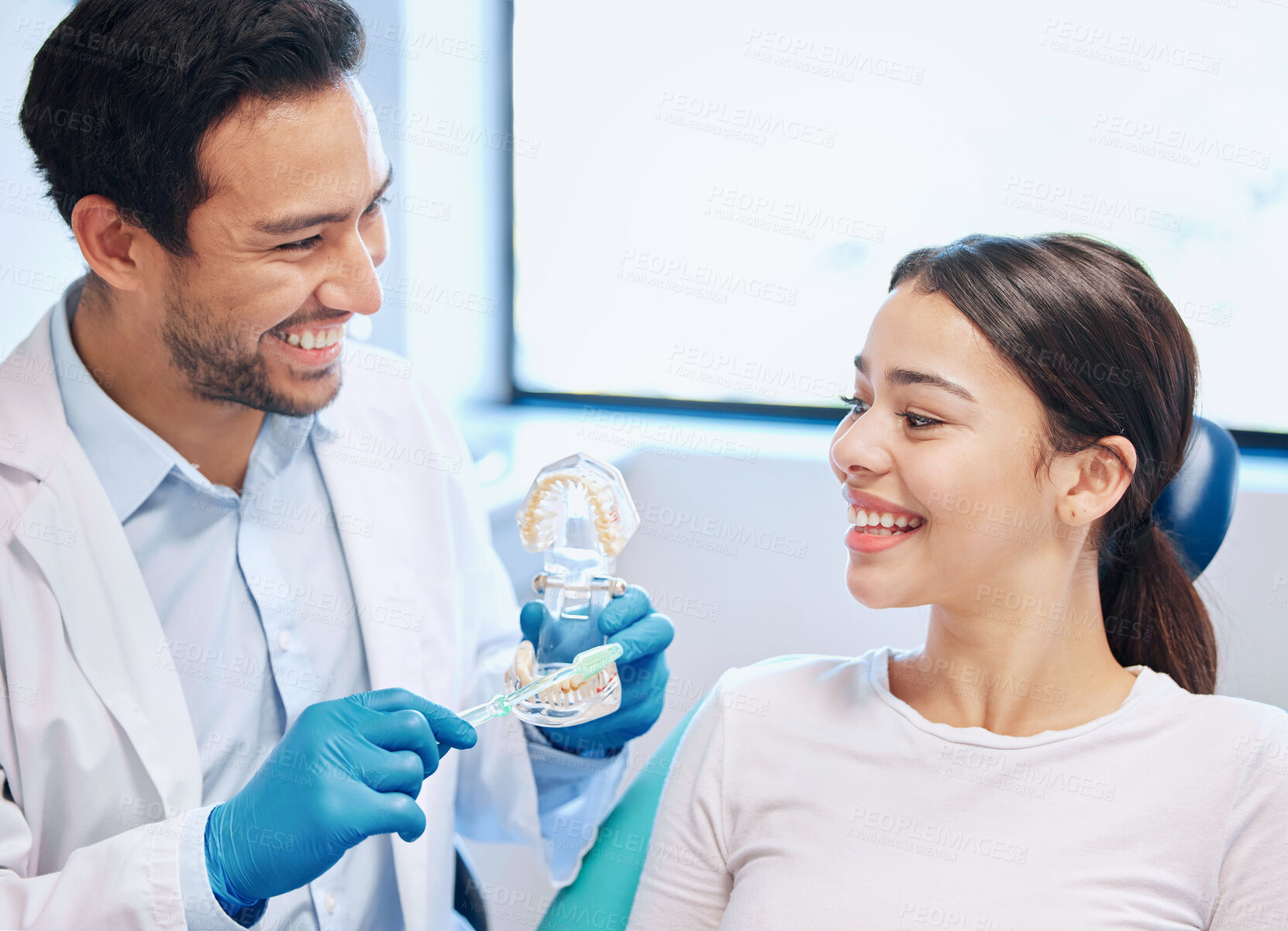 Buy stock photo Dentist, woman and dental mould for hygiene demonstration with toothbrush, cleaning or brushing teeth. Smile, doctor and patient for oral healthcare, education and expert advice for whitening results