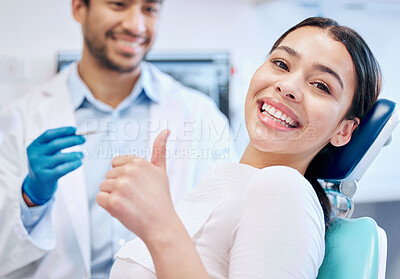 Buy stock photo Happy, thumbs up and portrait of dentist and patient for teeth whitening, service and dental care. Healthcare, dentistry and hand sign of orthodontist and woman for oral hygiene, wellness or cleaning