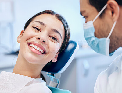 Buy stock photo Healthcare, dentist and portrait of woman for dental service, teeth whitening and consultation. Medical consulting, dentistry and orthodontist for patient for oral hygiene, wellness and cleaning