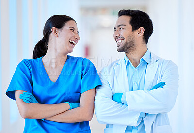 Buy stock photo Dentist, nurse laugh and arms crossed with assistant and funny joke at dental office and clinic. Comedy, woman worker and healthcare professional with happiness and laughing in workplace with smile