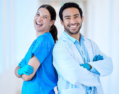 Buy stock photo Dentist, laugh portrait and arms crossed with assistant and funny joke at dental office and clinic. Comedy, woman and healthcare professional with happiness and laughing in workplace with smile