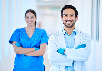 Buy stock photo Dentist, portrait and arms crossed with woman assistant and motivation at dental office and clinic. Success, happy worker and healthcare professional in medical workplace for orthodontist consulting