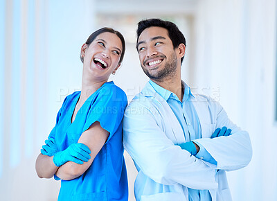 Buy stock photo Dentist, laugh and arms crossed with assistant and funny joke at dental office and clinic. Comedy, woman worker and healthcare professional with happiness and laughing in workplace with smile