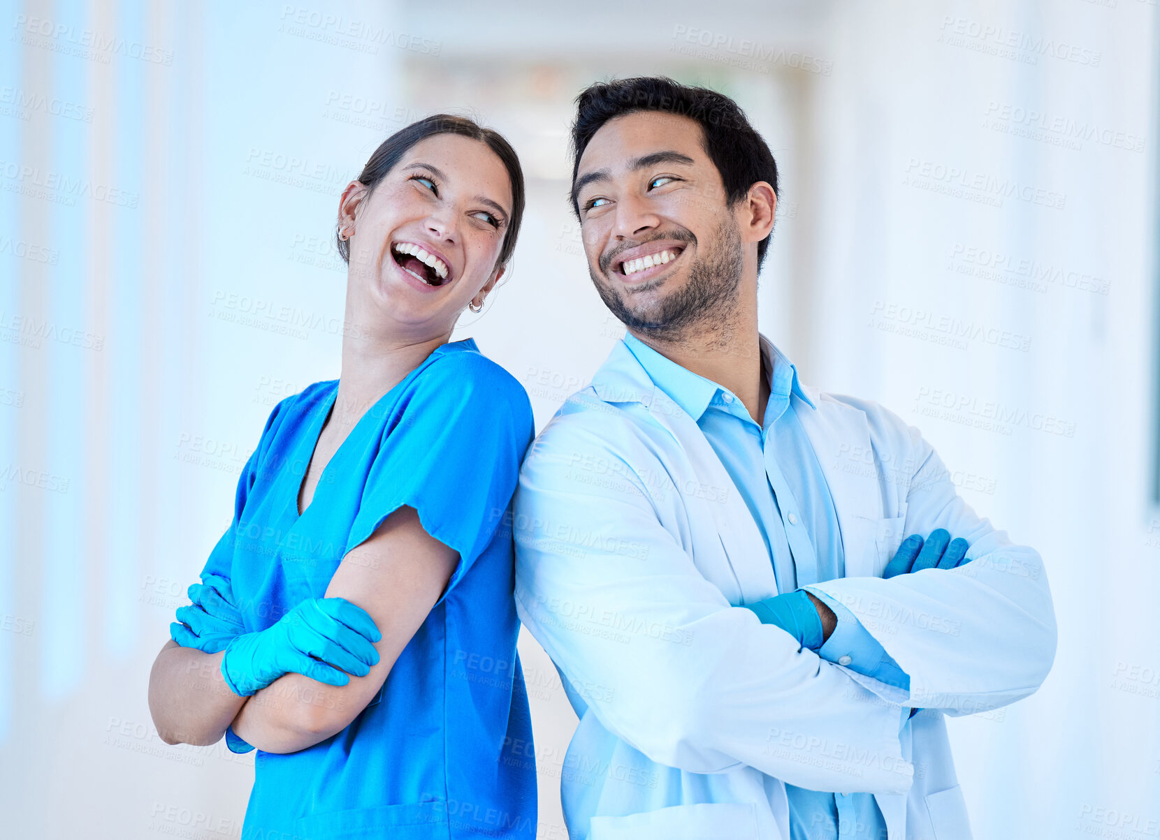 Buy stock photo Dentist, laugh and arms crossed with assistant and funny joke at dental office and clinic. Comedy, woman worker and healthcare professional with happiness and laughing in workplace with smile
