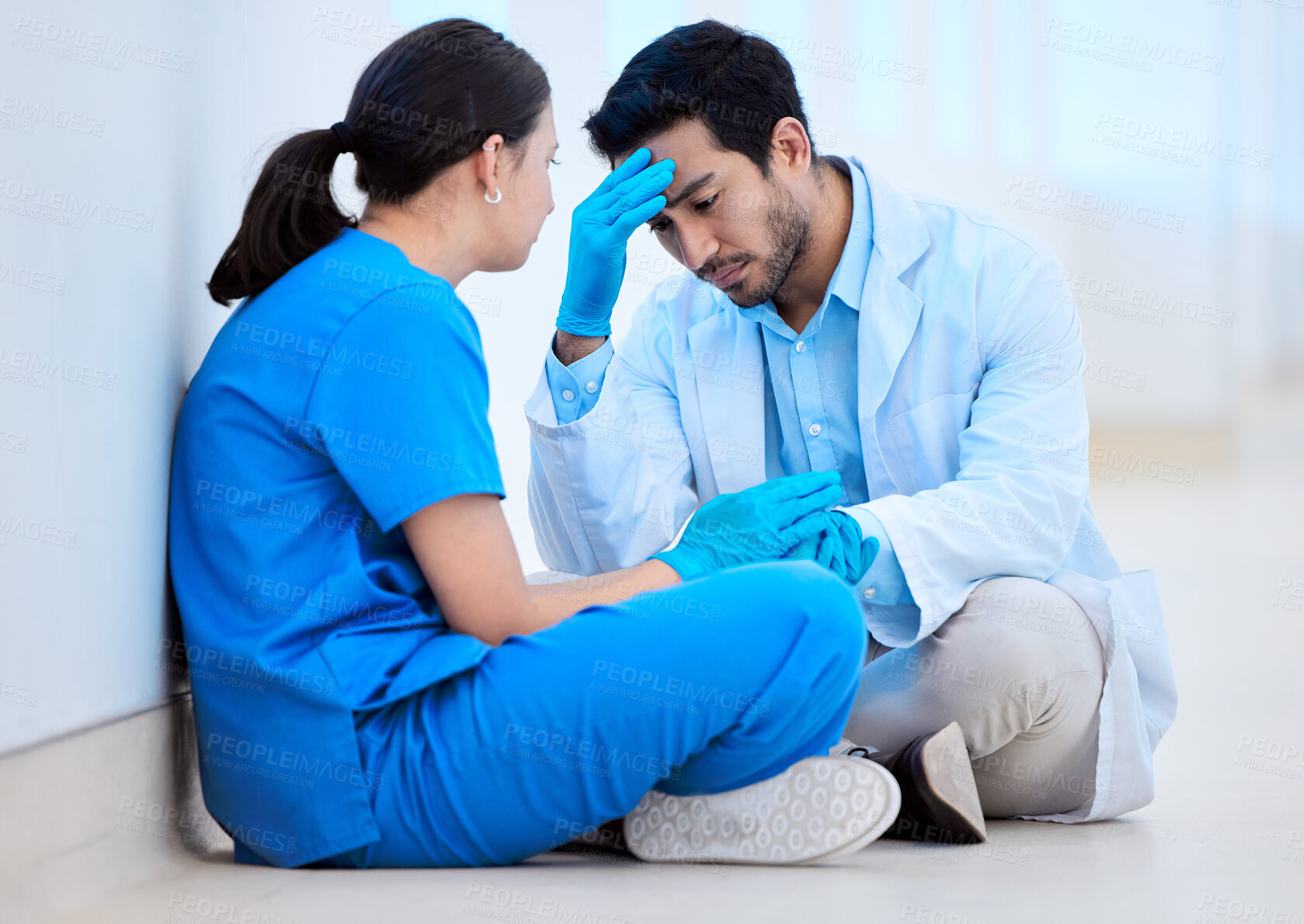 Buy stock photo Burnout, depression or doctor with girl nurse on hospital floor overthinking mistake, loss or disaster. Healthcare, fail or surgeon team with stress, anxiety or mental health, fatigue or guilt crisis