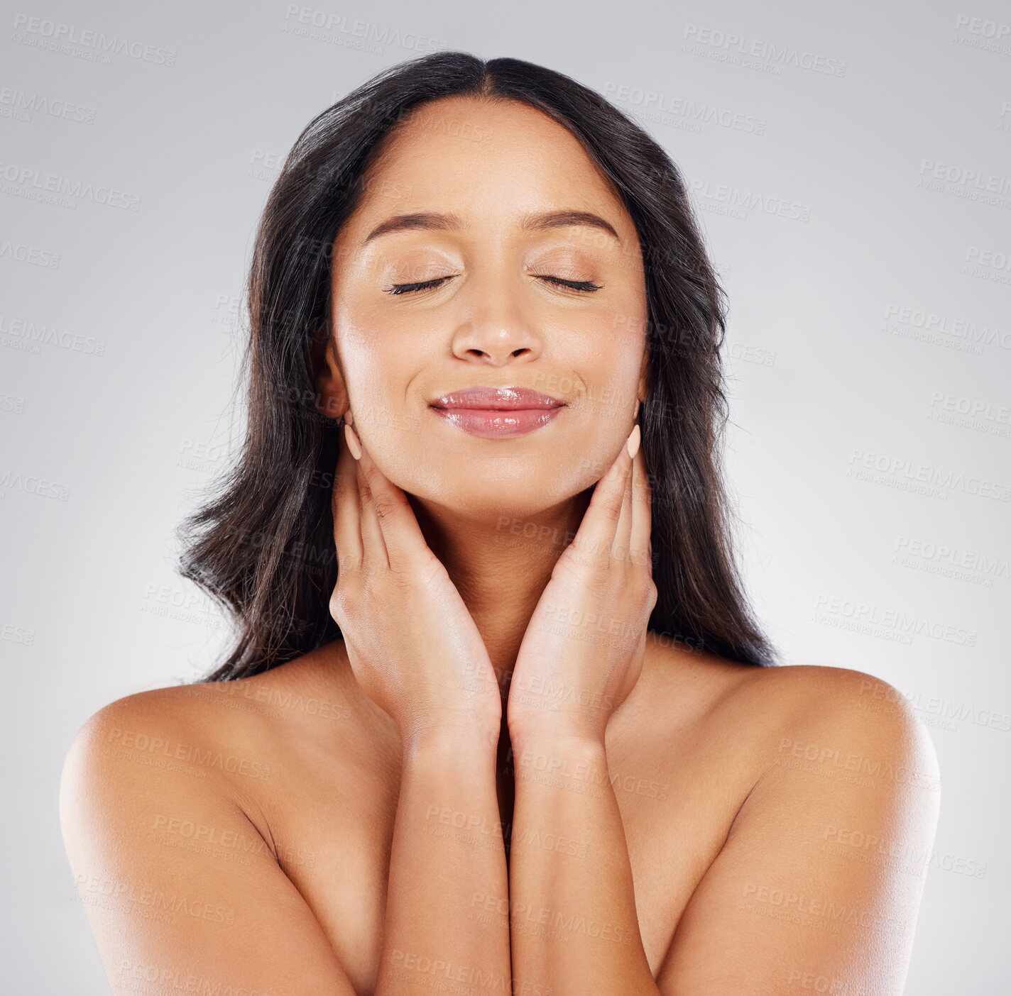 Buy stock photo Smile, skincare and woman with eyes closed in studio for wellness, pleased and natural beauty on white background. Female beautician, pride or hands of face with smooth skin, dermatology or treatment