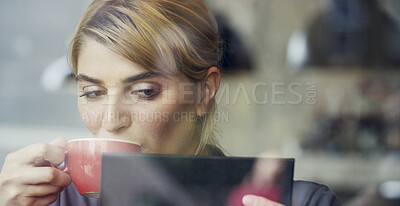 Buy stock photo Woman, coffee and remote work with tablet in cafe for email, communication or freelance trading. Investor, reading and drinking with tech at restaurant for investment, growth or stock market research