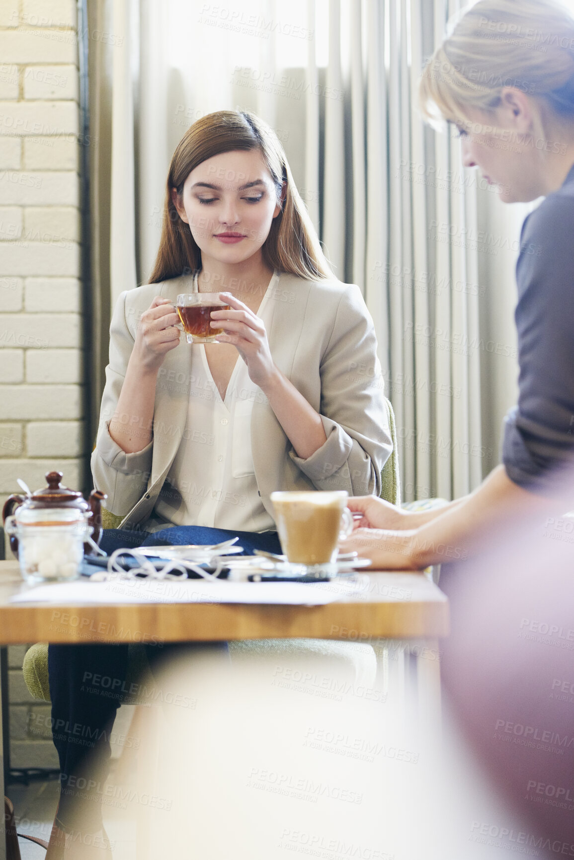 Buy stock photo Business women, coffee shop and remote work with collaboration and morning meeting with notes. Professional, staff and cafe with creative workers and project with hot drink and planning ideas