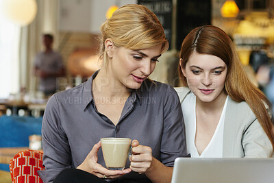 Buy stock photo Business women, coffee shop and laptop with remote work with collaboration and morning meeting. Professional, staff and cafe with creative workers and project with hot drink and planning ideas