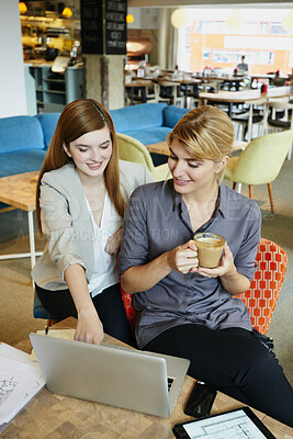 Buy stock photo Business women, coffee shop and laptop with remote work and collaboration at morning meeting. Professional, staff and cafe with creative workers and startup project with hot drink and planning ideas