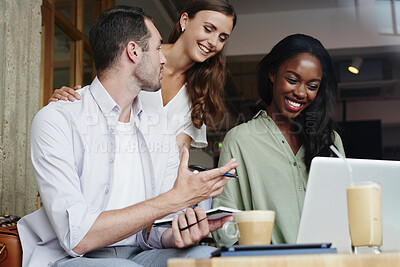 Buy stock photo Coffee shop, laptop and business people in meeting for remote work, online project and networking. Cafeteria, restaurant and men and women in discussion on computer for planning, research and website