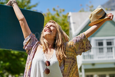 Buy stock photo Freedom, excited and happy woman outside home with achievement, creative fun and positive attitude. Smile, celebration and confident girl in backyard with success, outdoor cheers and winning energy