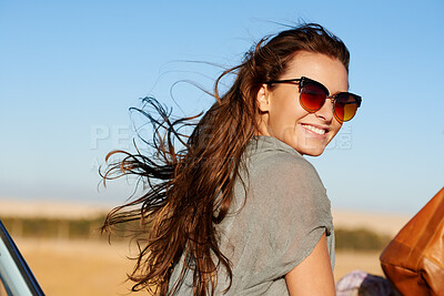 Buy stock photo Travel, road trip and young woman with sunglasses for a summer vacation or weekend adventure. Happy, smile and female person having fun with freedom while in nature for an outdoor holiday or journey.