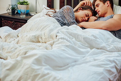 Buy stock photo Sleeping, couple and bed with comfort, bonding and support together in the morning. Sympathy, cuddle and marriage at home with nap, rest and relax in arms with hug and calm people with care and break