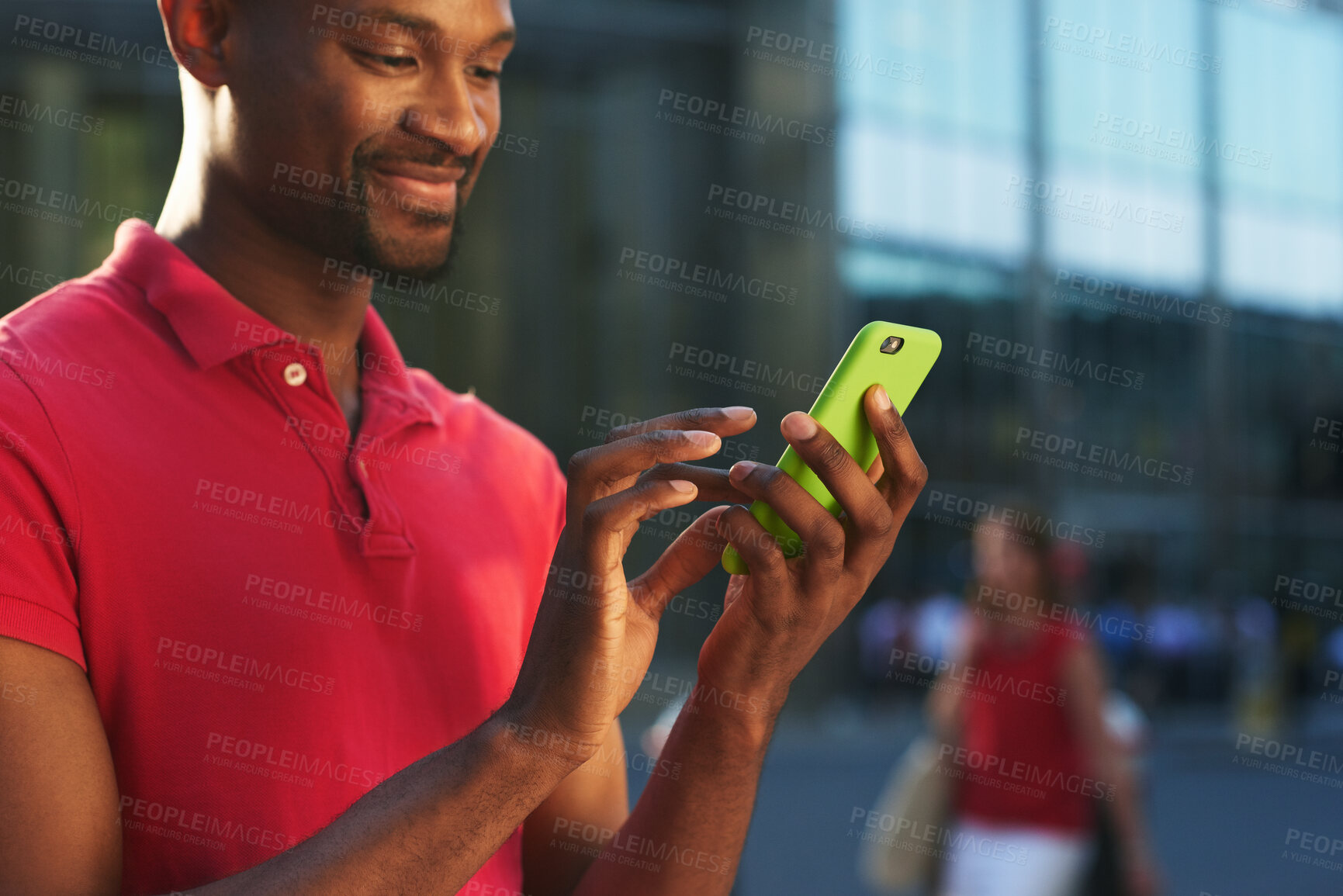 Buy stock photo Happy, phone and business black man in city typing for social media, networking and communication. Professional, smile and person on smartphone for contact, website and internet chat in urban town