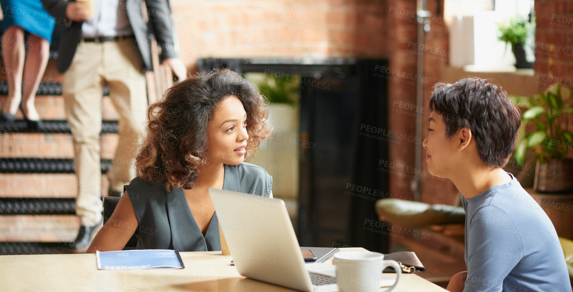 Buy stock photo Creative, planning and women in office with laptop, discussion and collaboration with management. Partnership, business people and consulting for advice, opinion and design team at digital agency