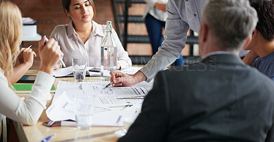 Buy stock photo Architecture, discussion and business people in office with blueprint, advice and creative collaboration. Building, development and team in meeting with floor plan, ideas or workshop at design agency