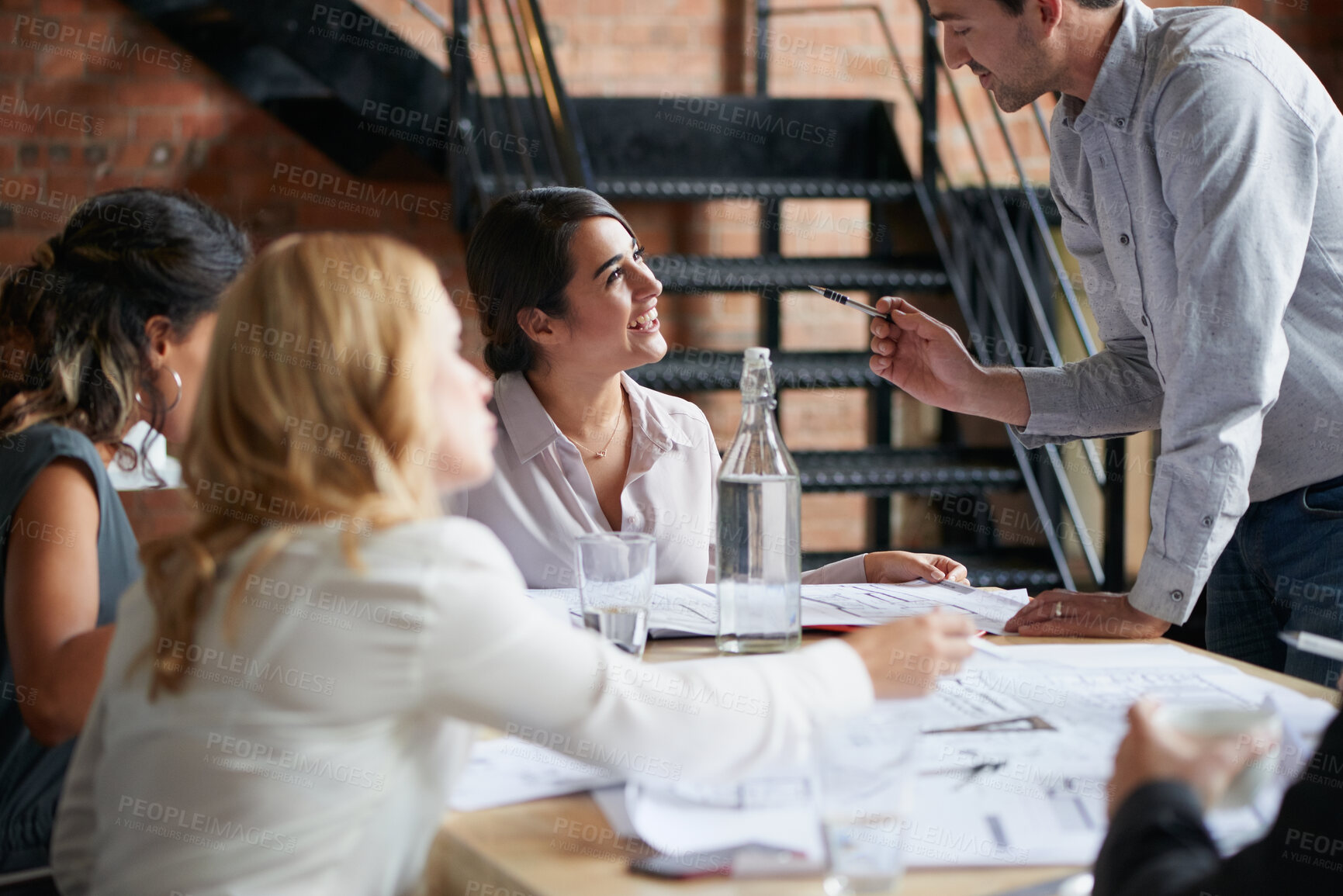 Buy stock photo Architecture, meeting and business people in office with blueprint, advice and creative collaboration. Building, development and team in discussion with floor plan, ideas or workshop at design agency