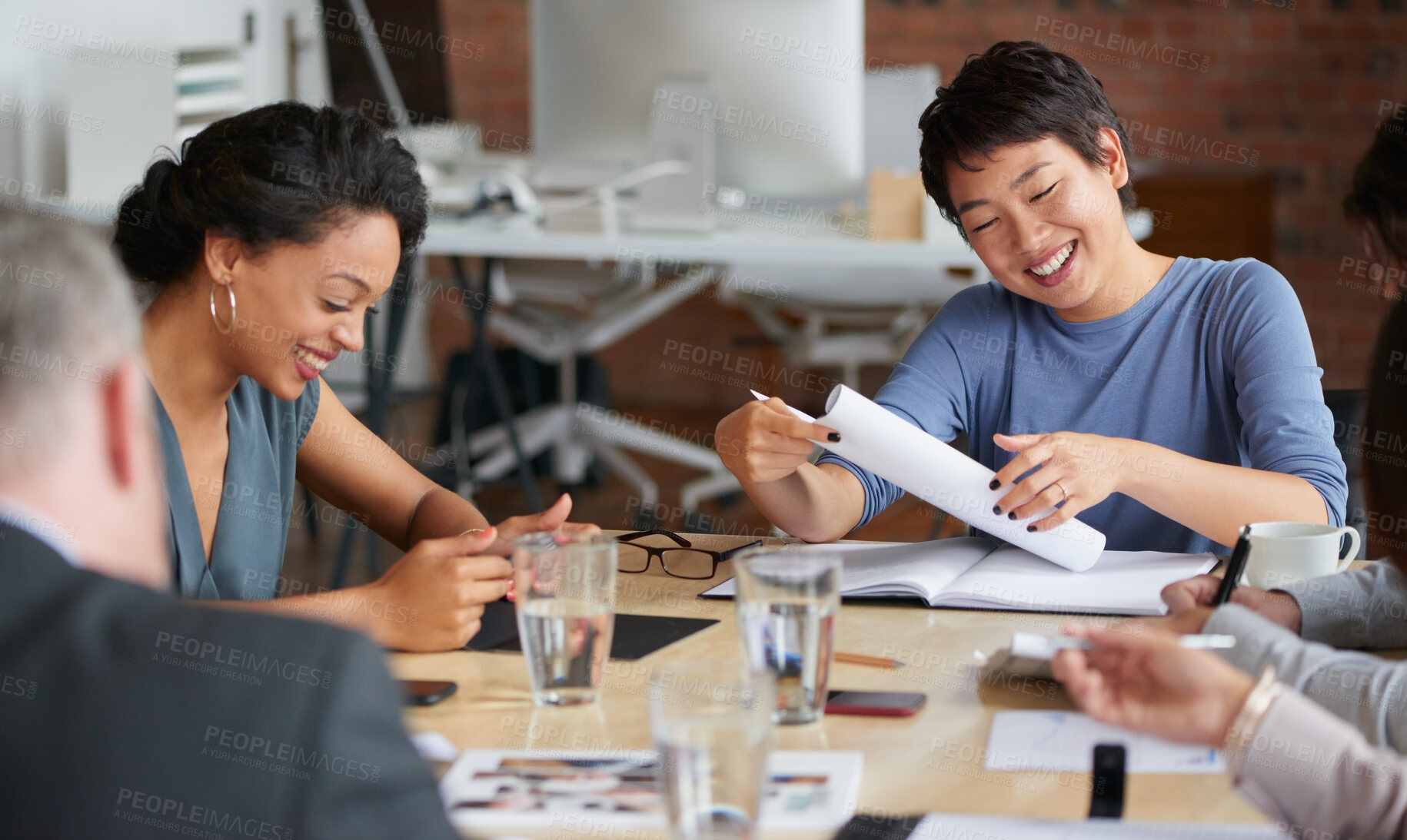 Buy stock photo Meeting, documents and happy business people in office for planning, teamwork and project ideas. Creative agency, collaboration and group with paperwork for feedback, company review and discussion