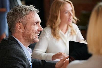 Buy stock photo Meeting, happy and man with business people in discussion at office for planning, teamwork and project. Corporate, collaboration and men and women with computer for feedback, review and talking