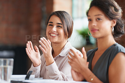 Buy stock photo Business people, women and applause at meeting in boardroom with smile, diversity and celebration. Team, happy and cheers for success, profit and announcement with company growth in modern office