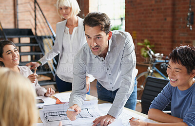 Buy stock photo Architecture, discussion and business people in meeting with blueprint, advice and creative collaboration. Building, development and team in office with floor plan, ideas or workshop at design agency