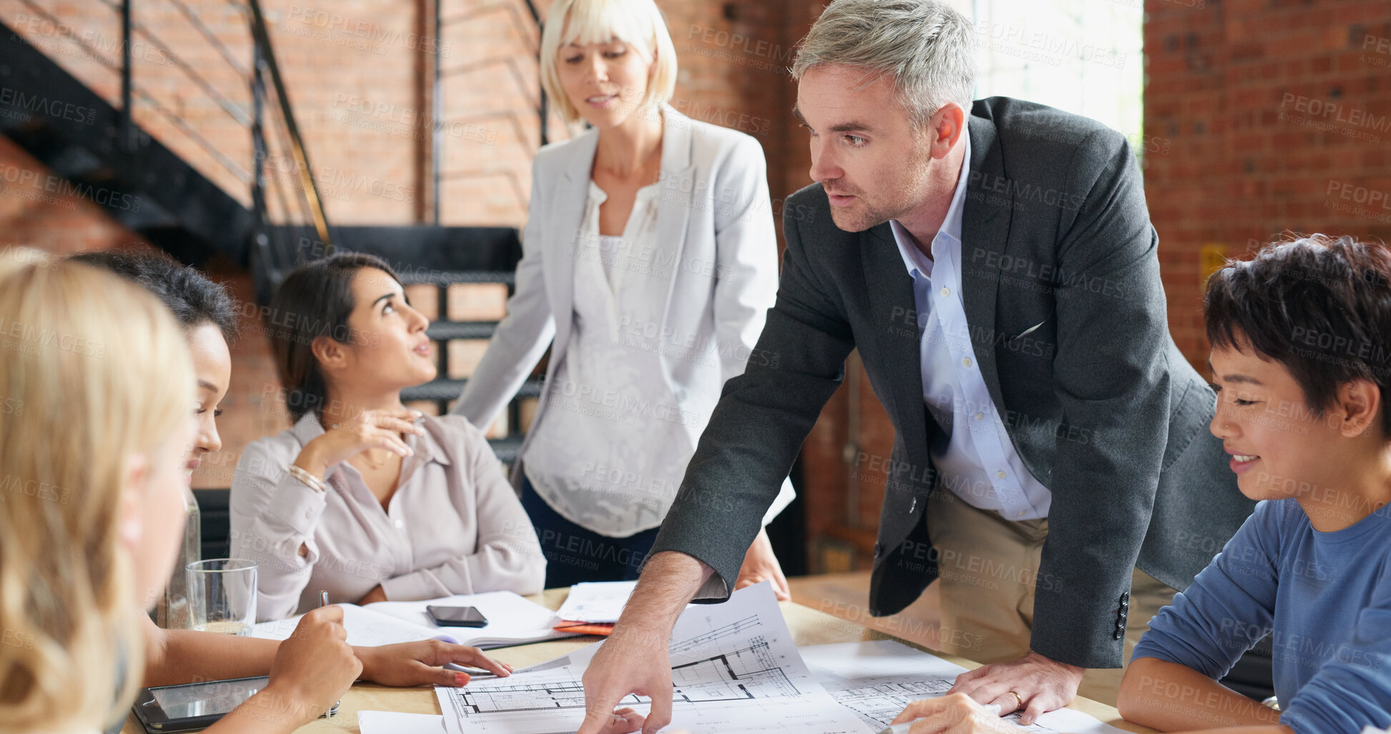 Buy stock photo Architecture, workshop and business people in office with blueprint, advice and creative collaboration. Building, development and team in meeting with floor plan, ideas or discussion at design agency