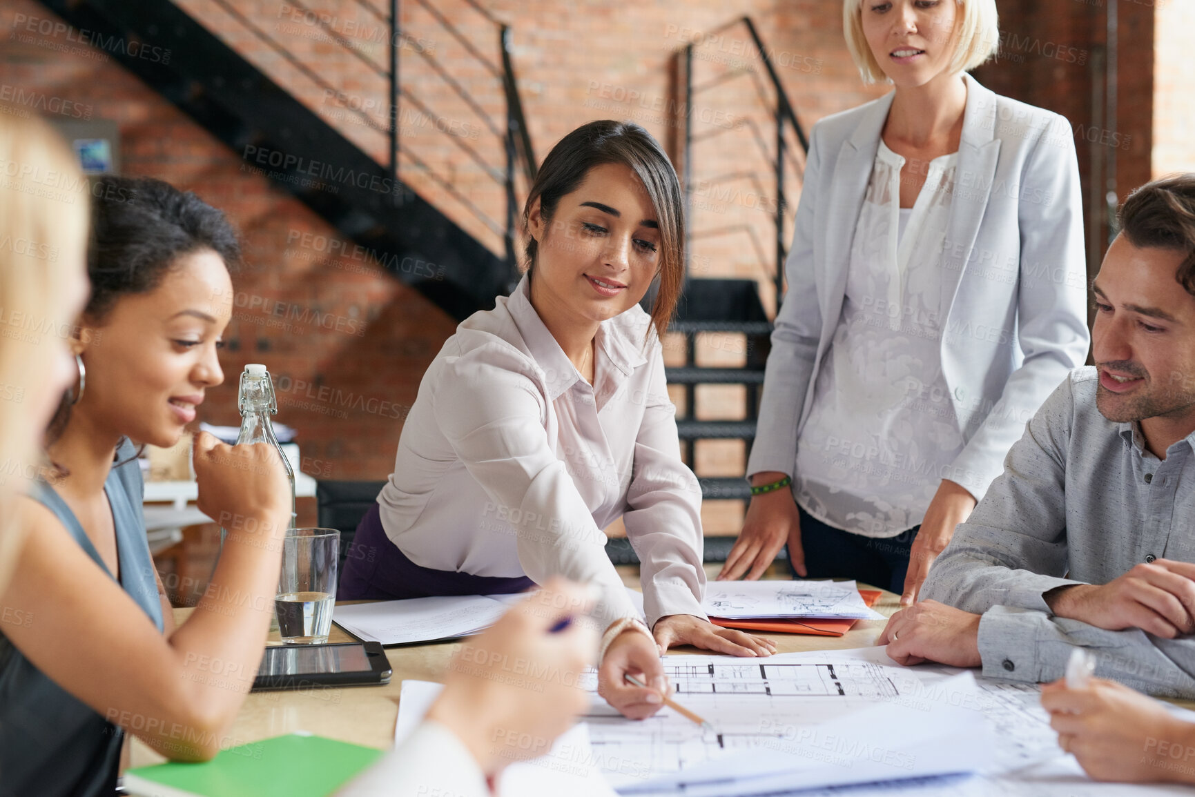 Buy stock photo Architecture, ideas and business people in office with blueprint, advice and creative collaboration. Building, development and team in meeting with floor plan, discussion or workshop at design agency